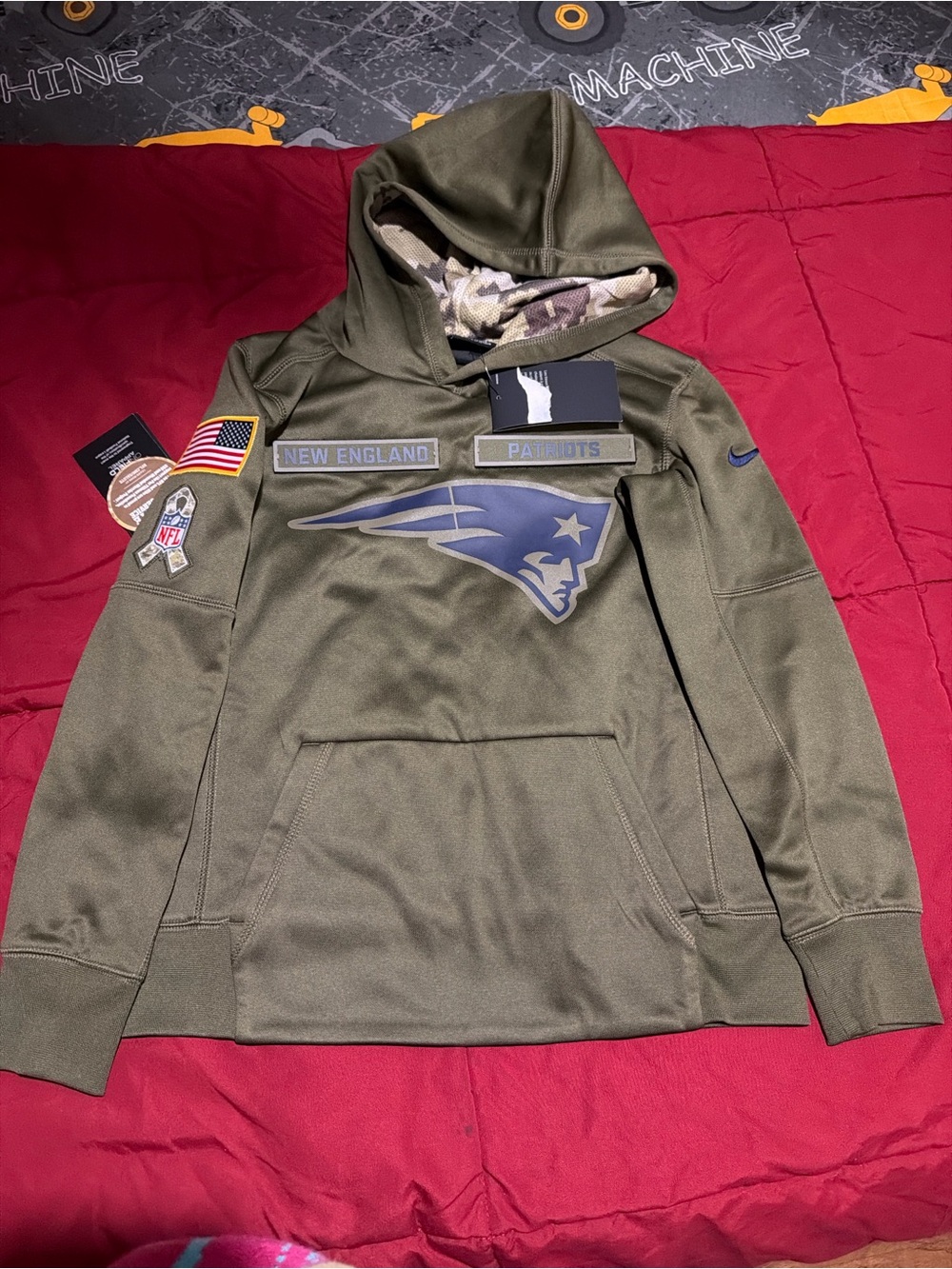 Nike Olive Green New England Patriots Hoodie with Camo Lining